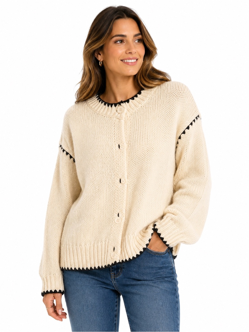 Vintage Handmade Cream Chunky Knit Cardigan Black Contrast Stitch Oversized Cott